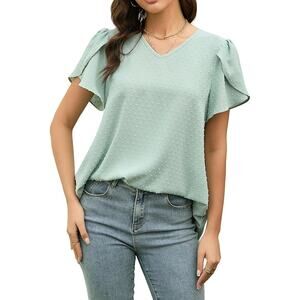 Womens Swiss Dot V Neck Tunic Blouse Petal Sleeve Dressy Casual Top Green M